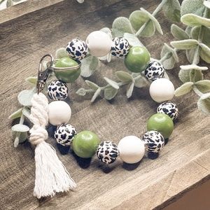 Mole Hill Uniques Cow Print Bangle Keychain, Handmade, Wood Beads